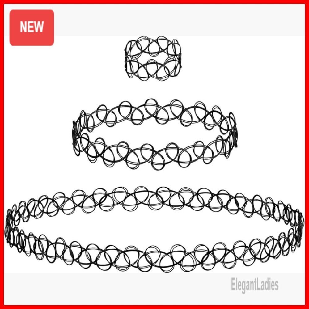 3-Piece Stretchy Elastic Tattoo Choker Set with Bracelet and Ring